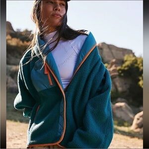 Freepeople teal and orange shawl fleece jacket with pockets
